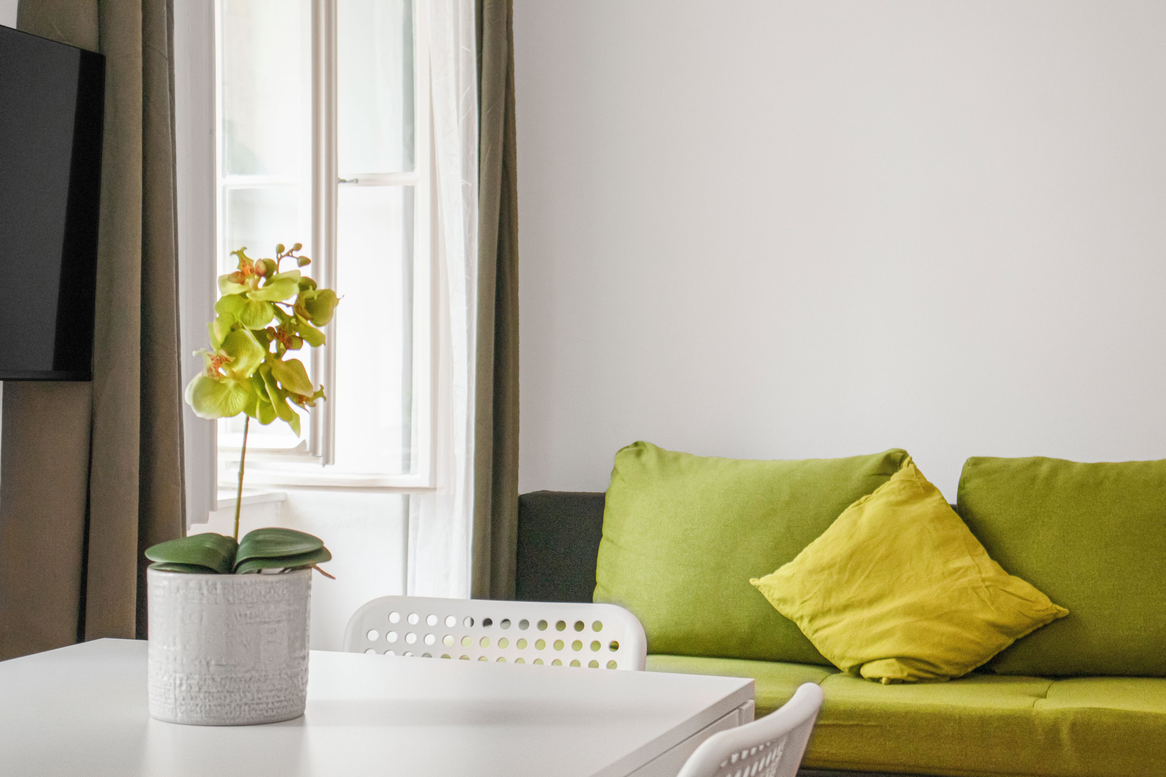 A room with a white table, a potted plant, a green sofa with a yellow pillow, and a window with curtains.