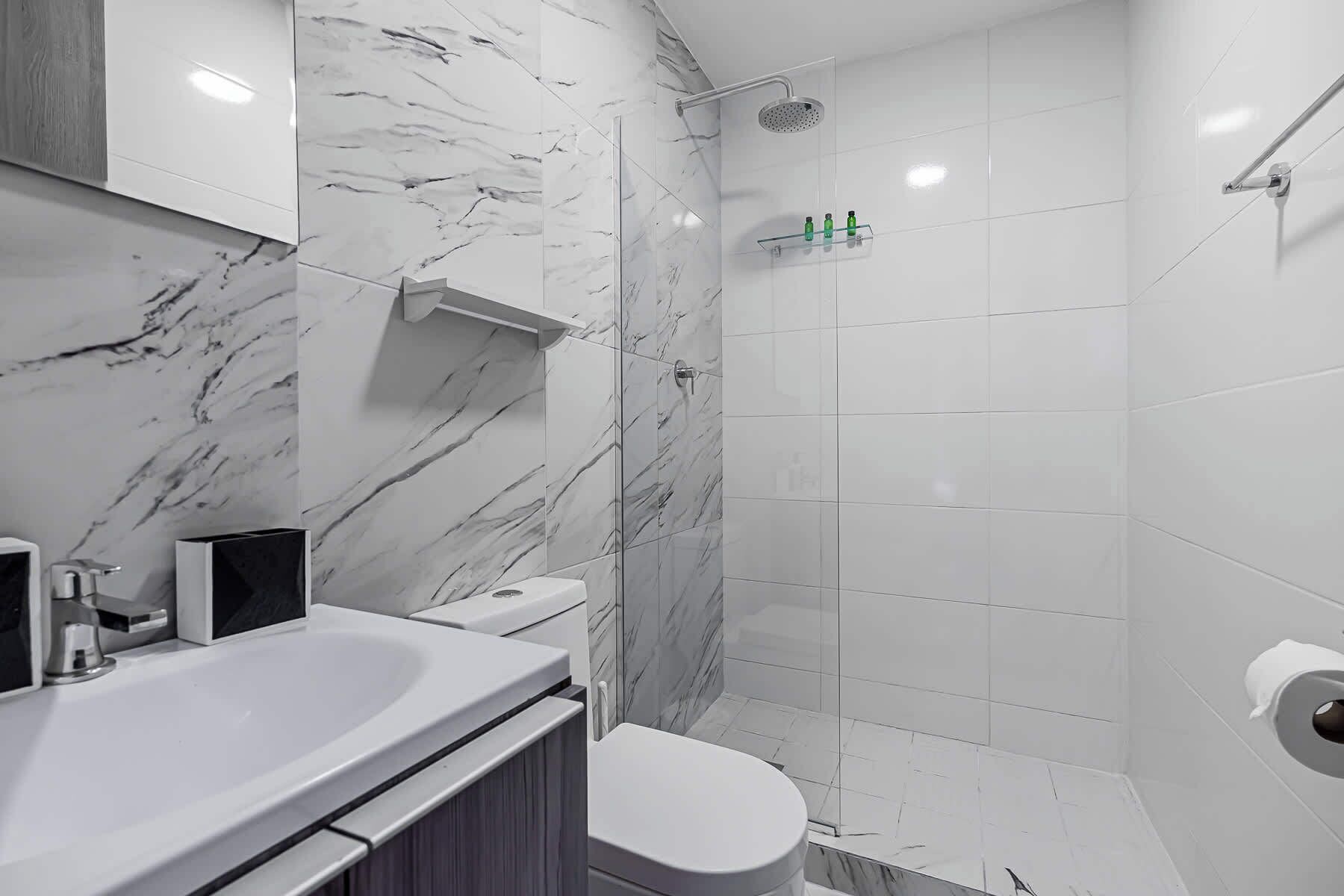 Shower, hair dryer, towels