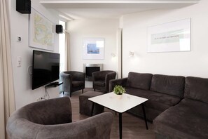 Télévision, cheminée, lecteur de DVD, chaîne hi-fi