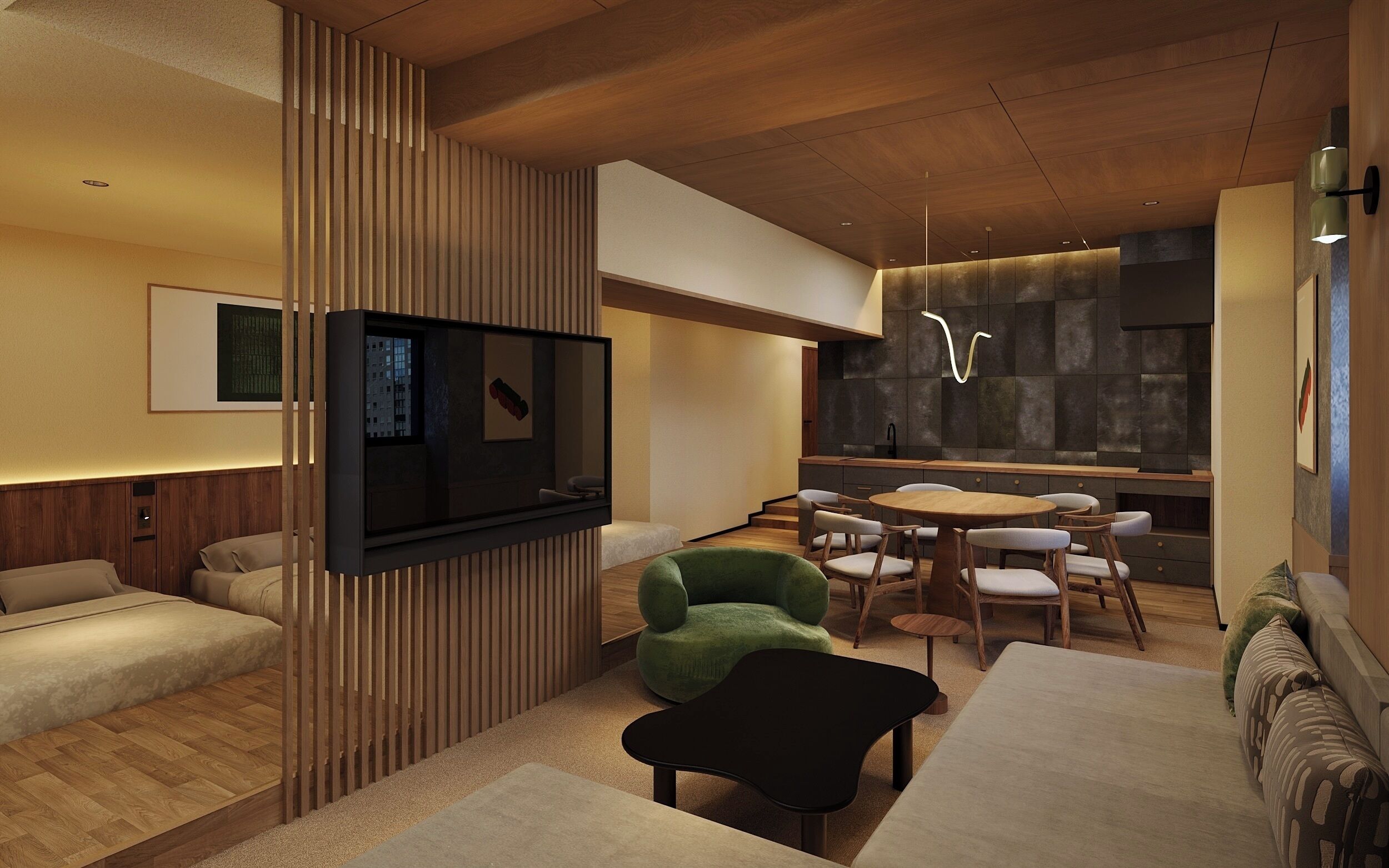 Desk, laptop workspace, blackout curtains, iron/ironing board