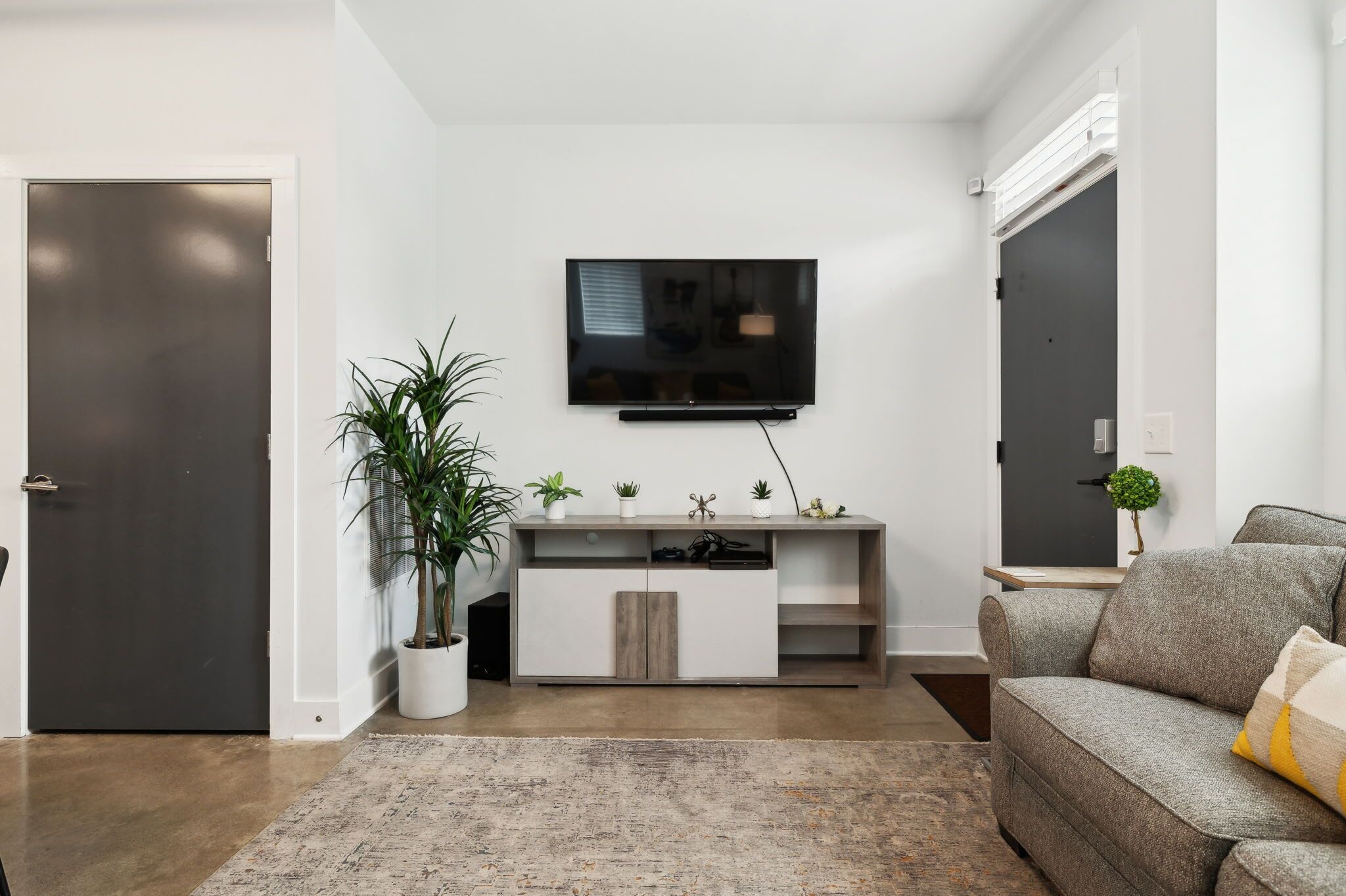 A modern living room with a flat-screen TV mounted on the wall, a grey sofa, a white entertainment unit, and a large potted plant.