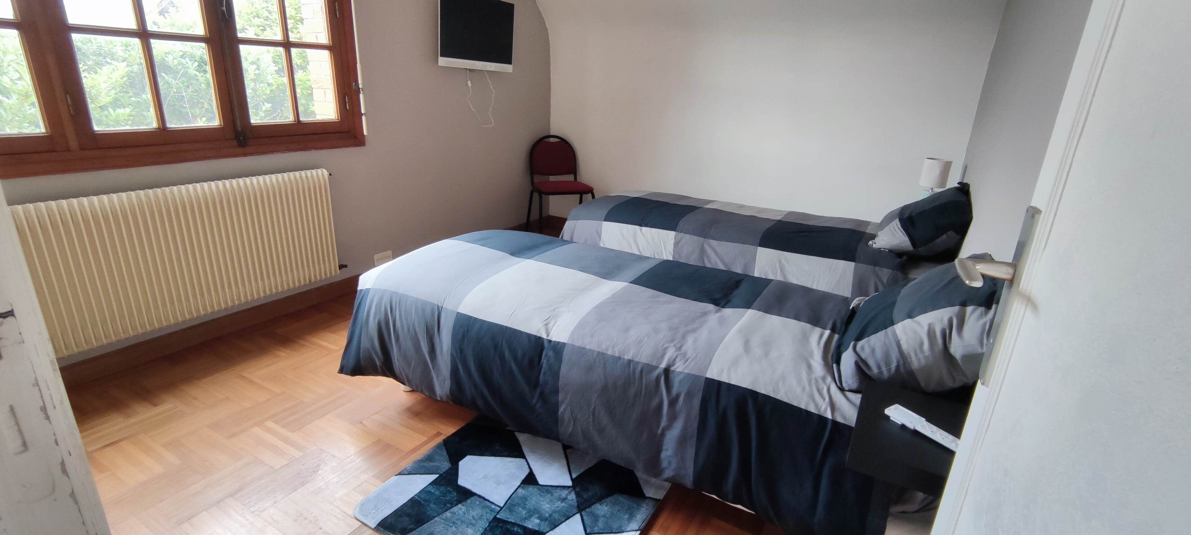 A bedroom with two beds, a radiator, a window, a chair, and a TV.