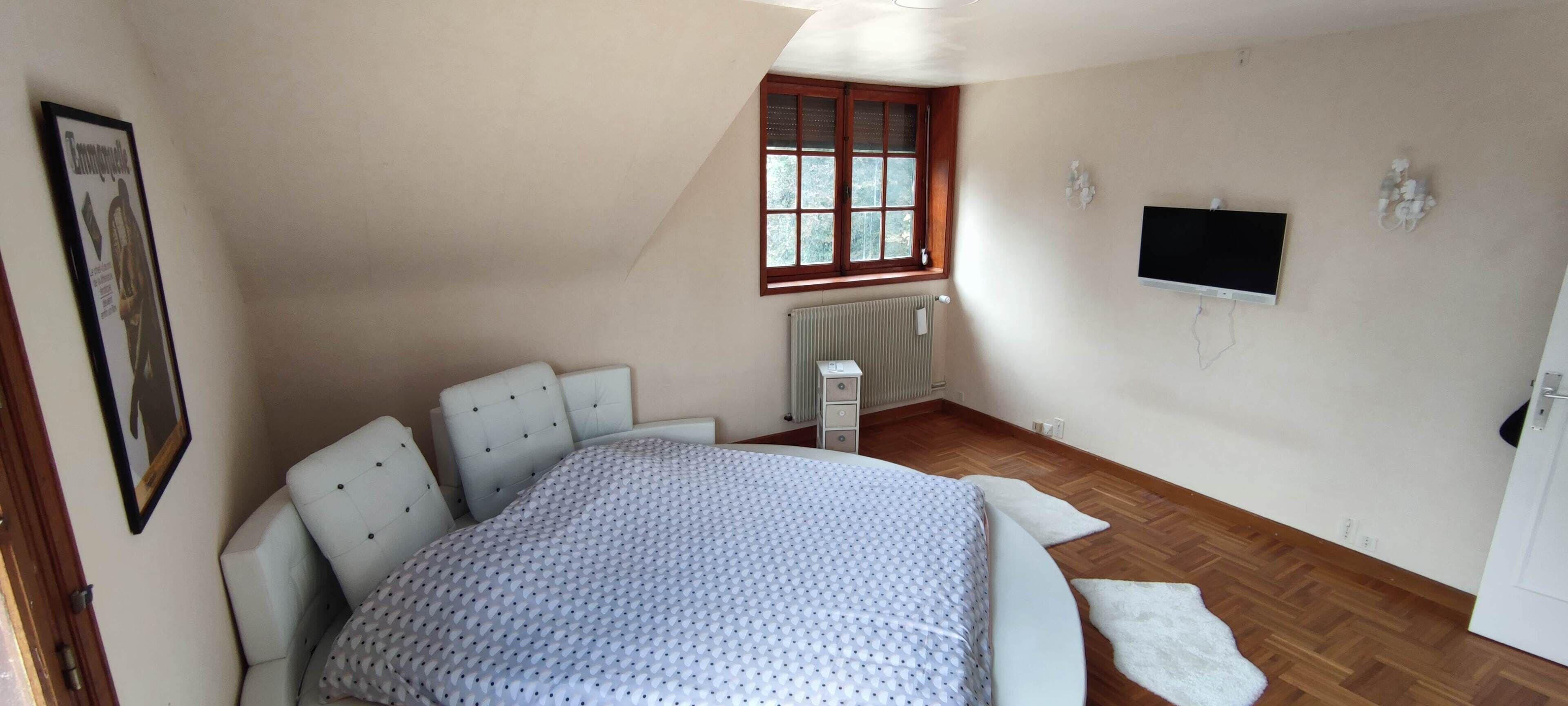 A bedroom with a bed, a radiator, a TV, and a window with a view.