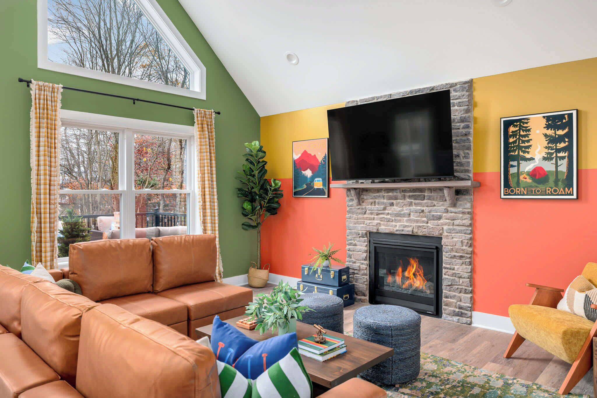 TV, fireplace, video games, table football