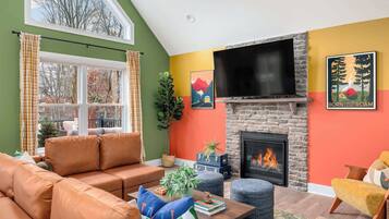 TV, fireplace, video games, table football