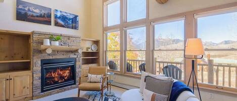 Télévision, cheminée, espaces bureaux