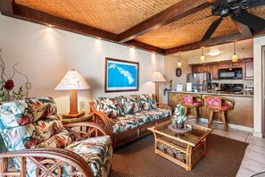 Condo, 1 Queen Bed with Sofa bed, Lanai, Ocean View (Kona Reef A6) | Living area - Easy Walk to Town Ocean Front AC & Wifi - Vrkcv (Kailua-Kona)