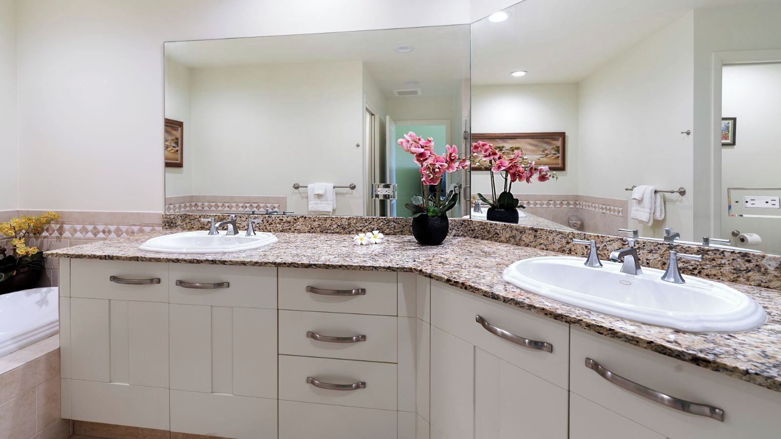 A bathroom with two sinks, a large mirror, and a potted plant.
