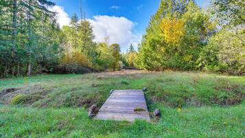 A wooden bridge in a forested area with a clear sky.