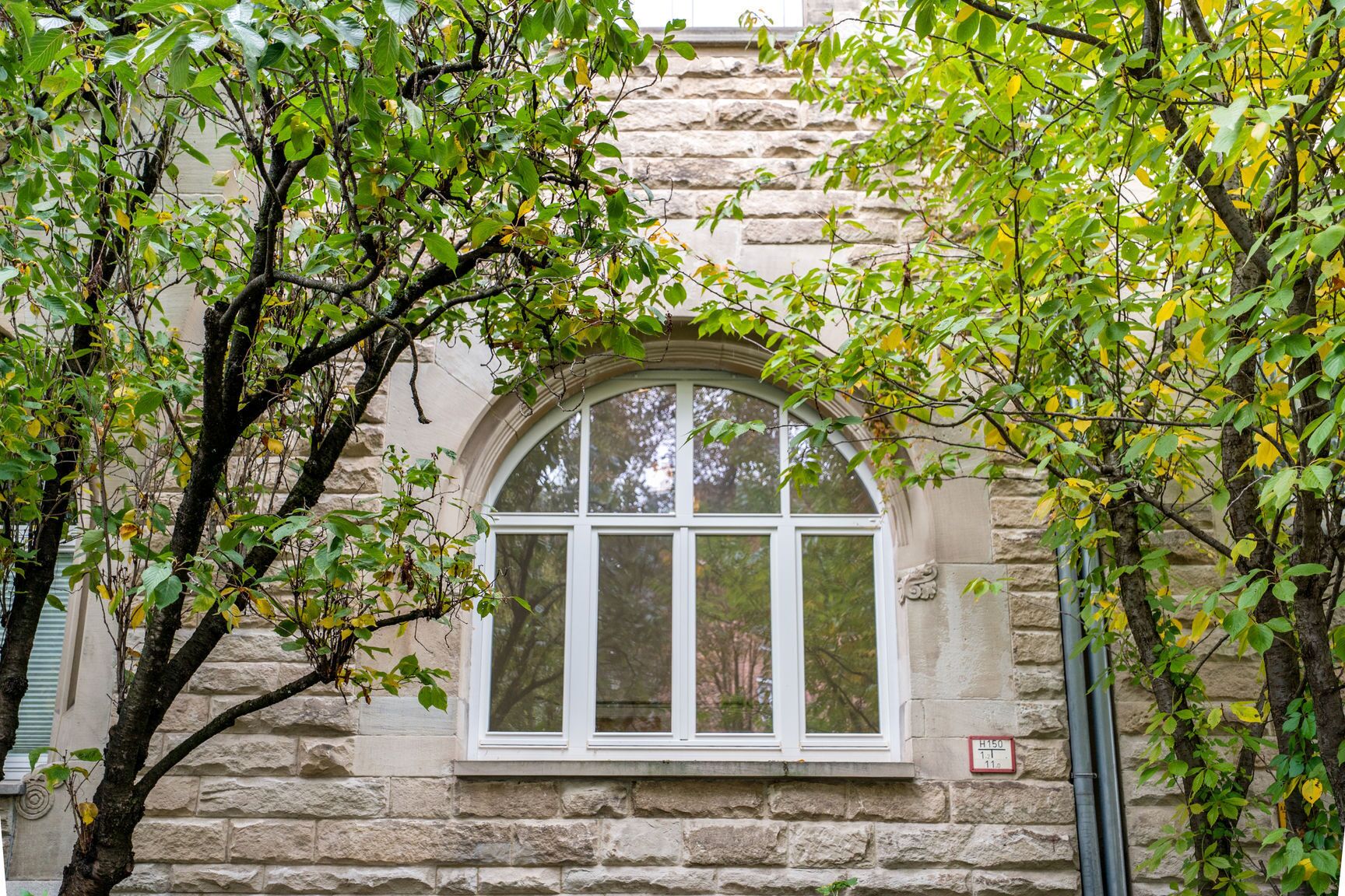 Ein Gebäude aus Stein mit einem großen Bogenfenster und einem Baum davor.
