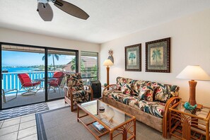 Condo, 1 King Bed with Sofa bed, Lanai, Ocean View (Sea Village 3310) | Living area - Great Ocean Views Wifi Free Concierge Top Floor - Vrkcv (Kailua-Kona)