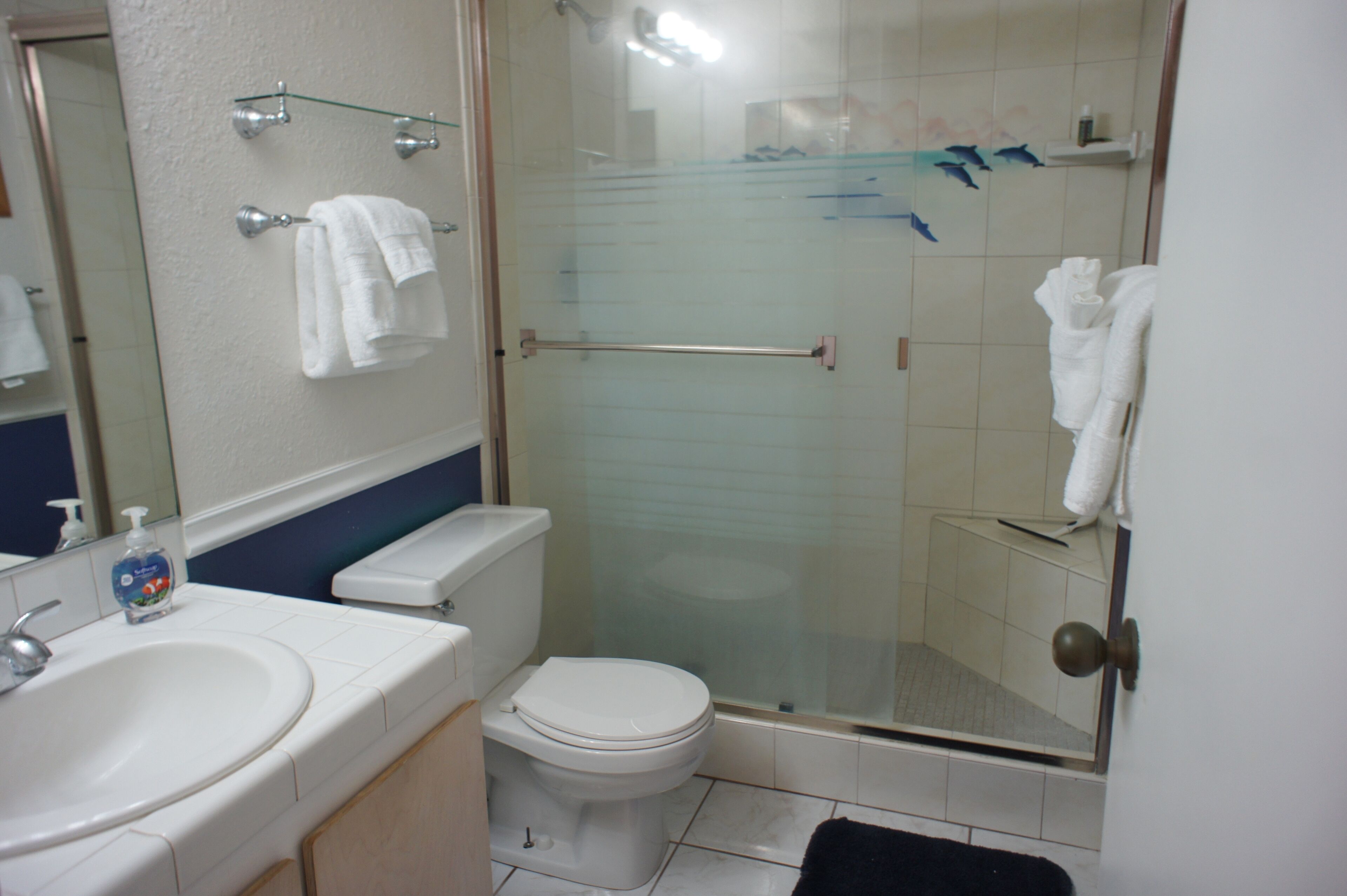 Un baño con ducha de vidrio, lavamanos blanco y retrete.