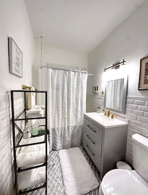 Hair dryer, towels, soap, toilet paper