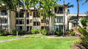 A multi-story building with a flat roof, surrounded by a well-maintained lawn and various tropical plants. - Oceanfront Corner Penthouse with Sunset Views, Partial A/C, and Wraparound Lanai (Kailua-Kona)