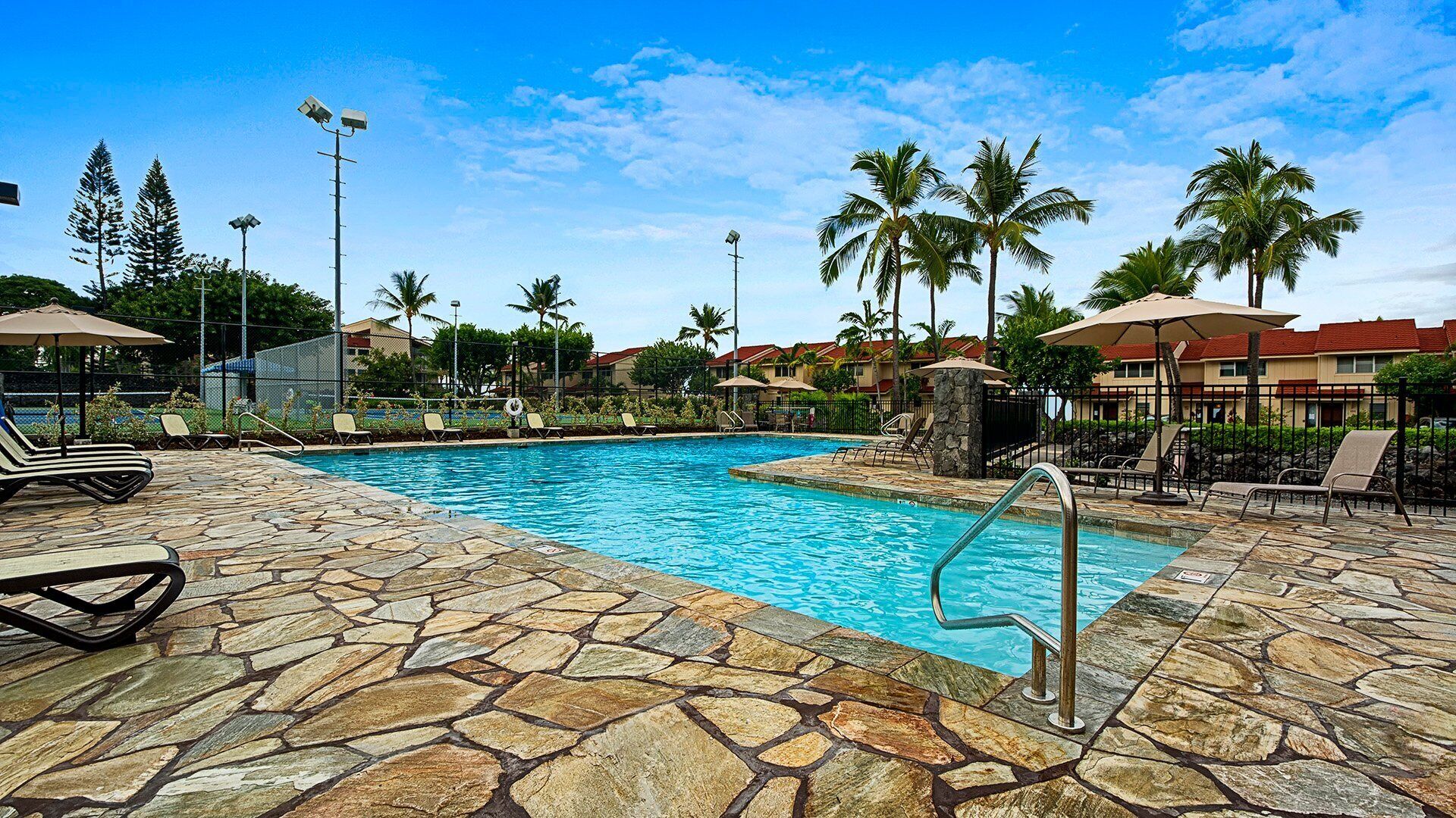 A swimming pool with stone tiles, lounge chairs, palm trees, and a clear sky.