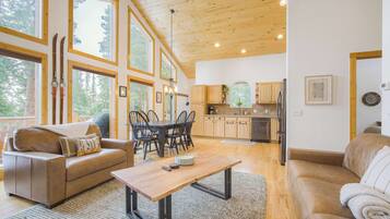 TV, fireplace, books, offices