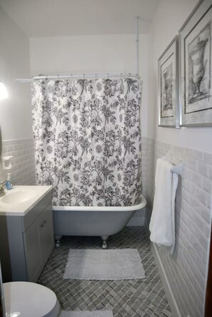 Hair dryer, towels, soap, toilet paper