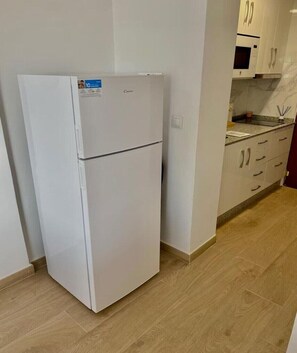 Frigorífico, microondas, horno y placa de cocina