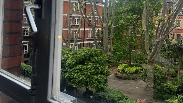 Uitzicht vanuit een gebouw, op een rij rode bakstenen huizen met witte raamkozijnen, omringd door groen en bomen.