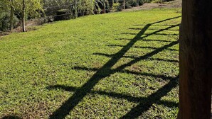 A grassy field with a wooden pergola casting shadows, a tree, and a distant mountain range. - Bosque da Fantasia (Baiao)