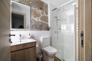 A bathroom with a stone backsplash, a toilet, a sink with a mirror, and a glass-enclosed shower. - Bosque da Fantasia (Baiao)