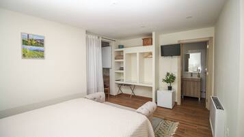 Una habitación con cama, escritorio, televisión y baño a la vista a través de una puerta abierta.