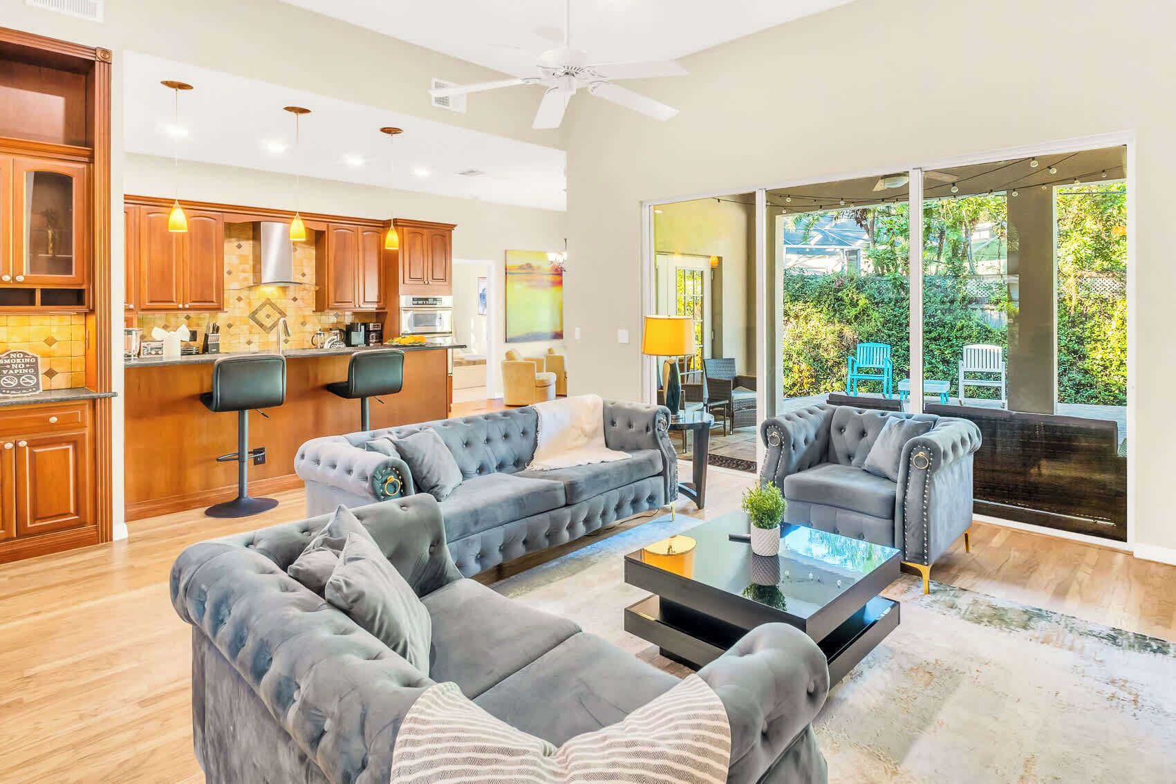 TV, fireplace, books, offices