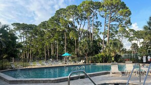 Piscina com espreguiçadeiras e um pequeno deck, cercada por árvores altas e céu claro.