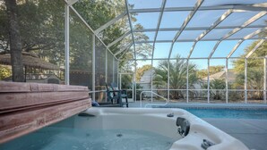 Area idromassaggio con recinto in vetro, un molo in legno e una piscina.