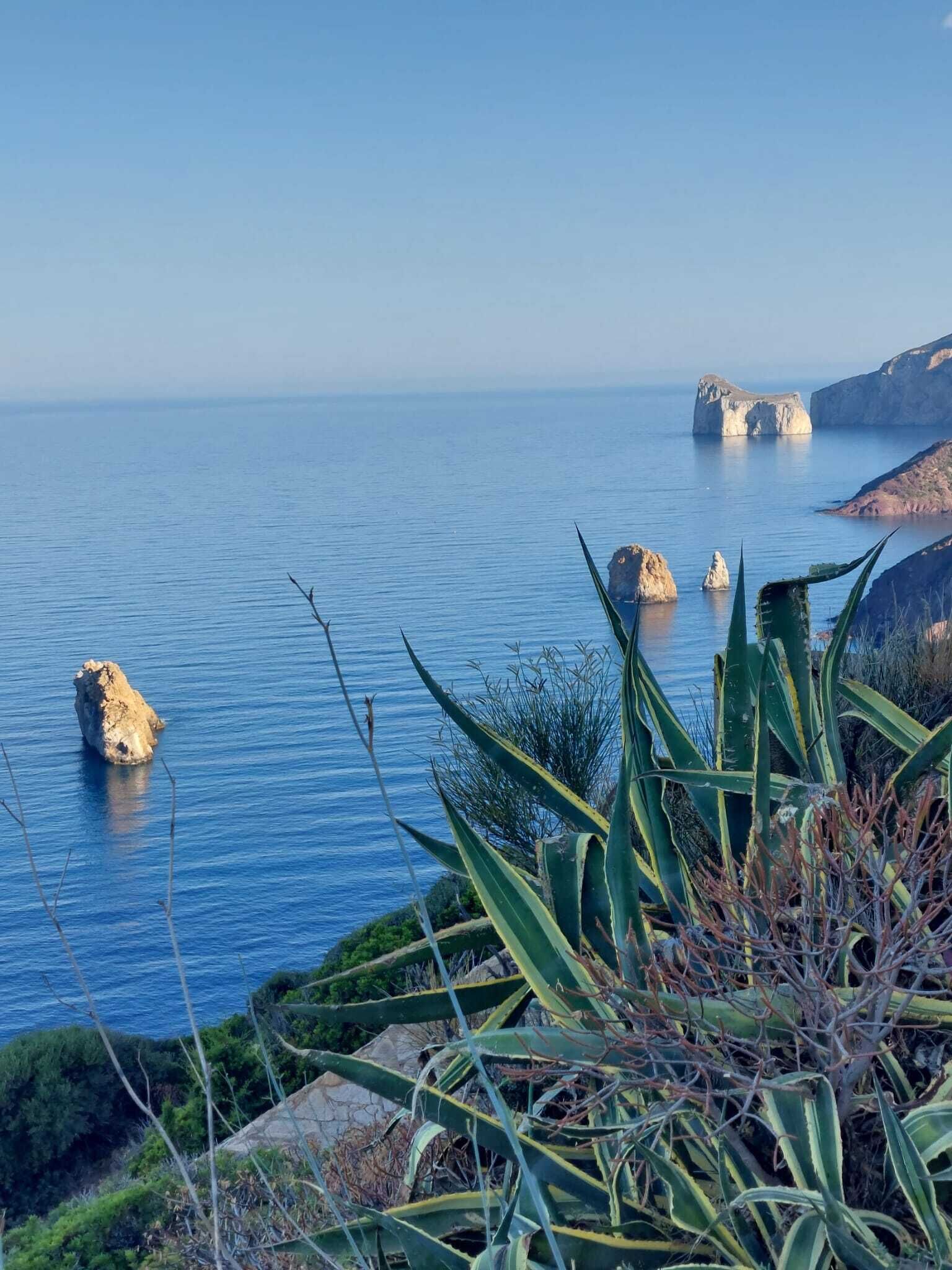 Paisaje costero con afloramientos rocosos y mar azul cristalino.