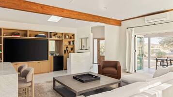 TV, fireplace, books