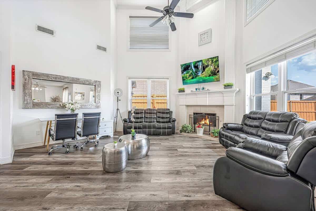 TV, fireplace, video games, offices