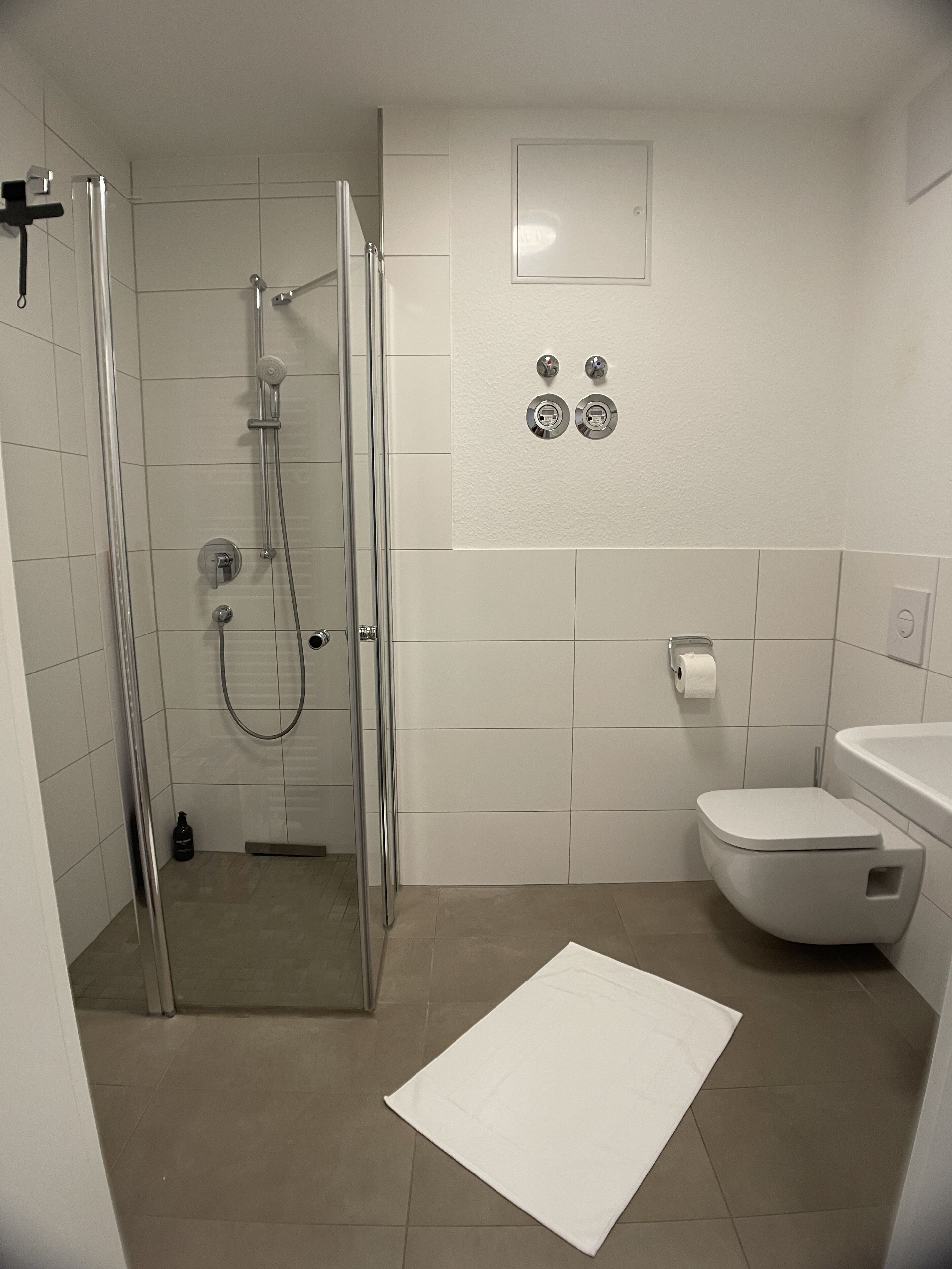 Dusche, Haartrockner, Handtücher, Seife