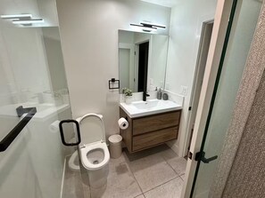 Dusche, Haartrockner, Handtücher, Seife