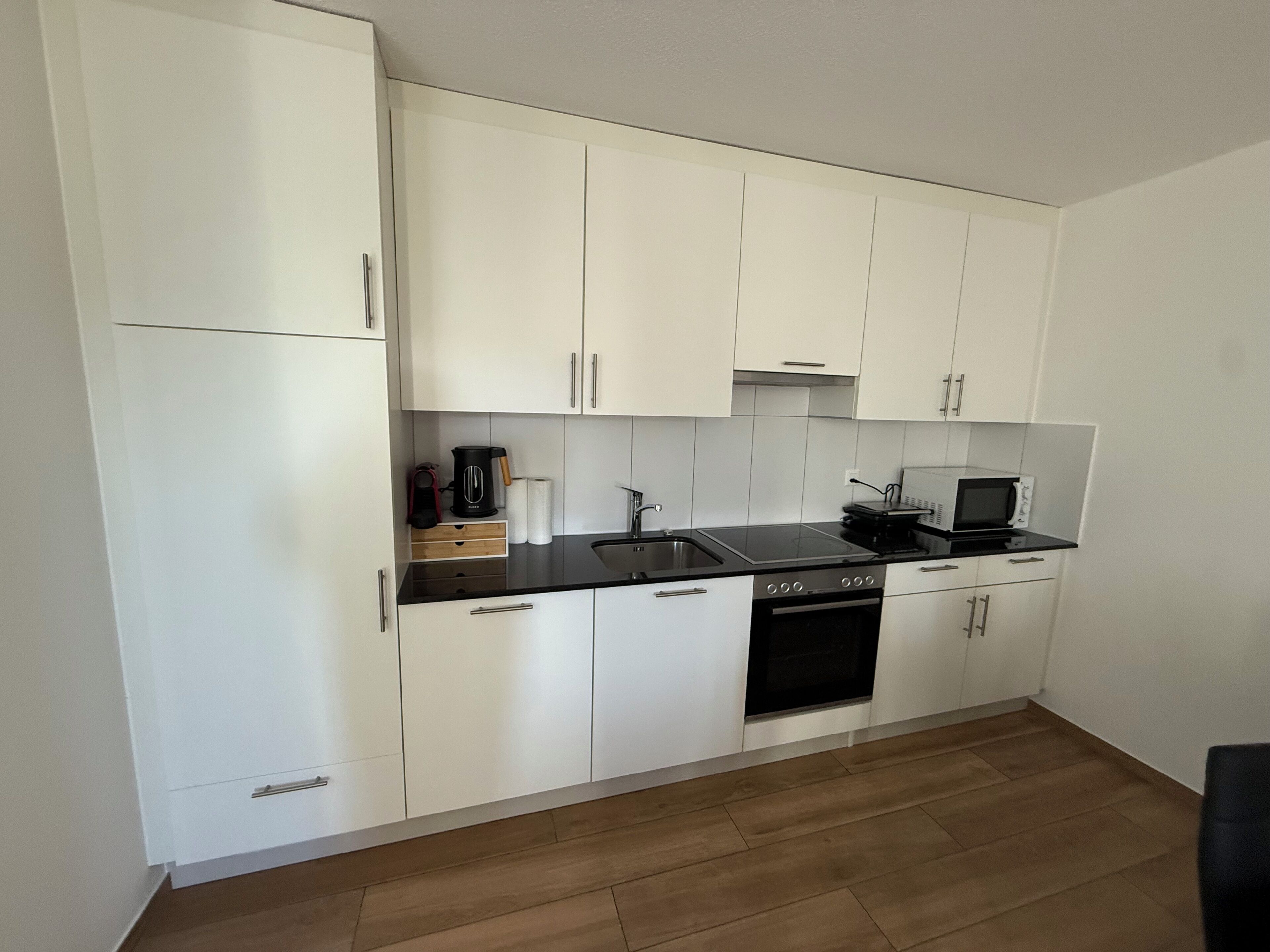 Een microgolfoven, een oven, een kookplaat, een vaatwasser