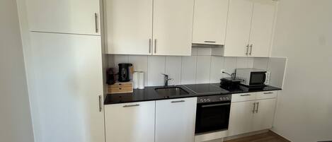 Een magnetron, een oven, een kookplaat, een vaatwasser