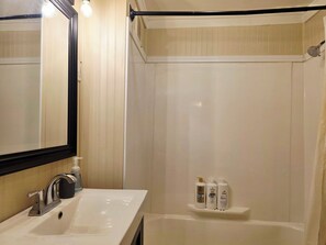 Hair dryer, towels, soap, toilet paper