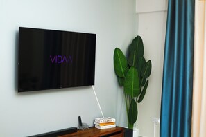 A flat-screen TV mounted on a wall with the word "VIDA" on it, a stack of books, a small plant, and a blue curtain. - Myra Luxury Homes in Kololo- Your Family Oasis (Kampala)
