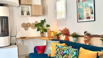 Smart TV, fireplace, books, stereo