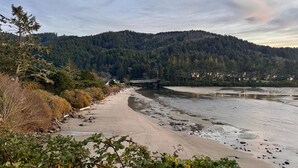 A riverside view with a bridge, dense forest, and residential buildings in the background. - Ocean Cove Inn #8 - Ocean View (Yachats)