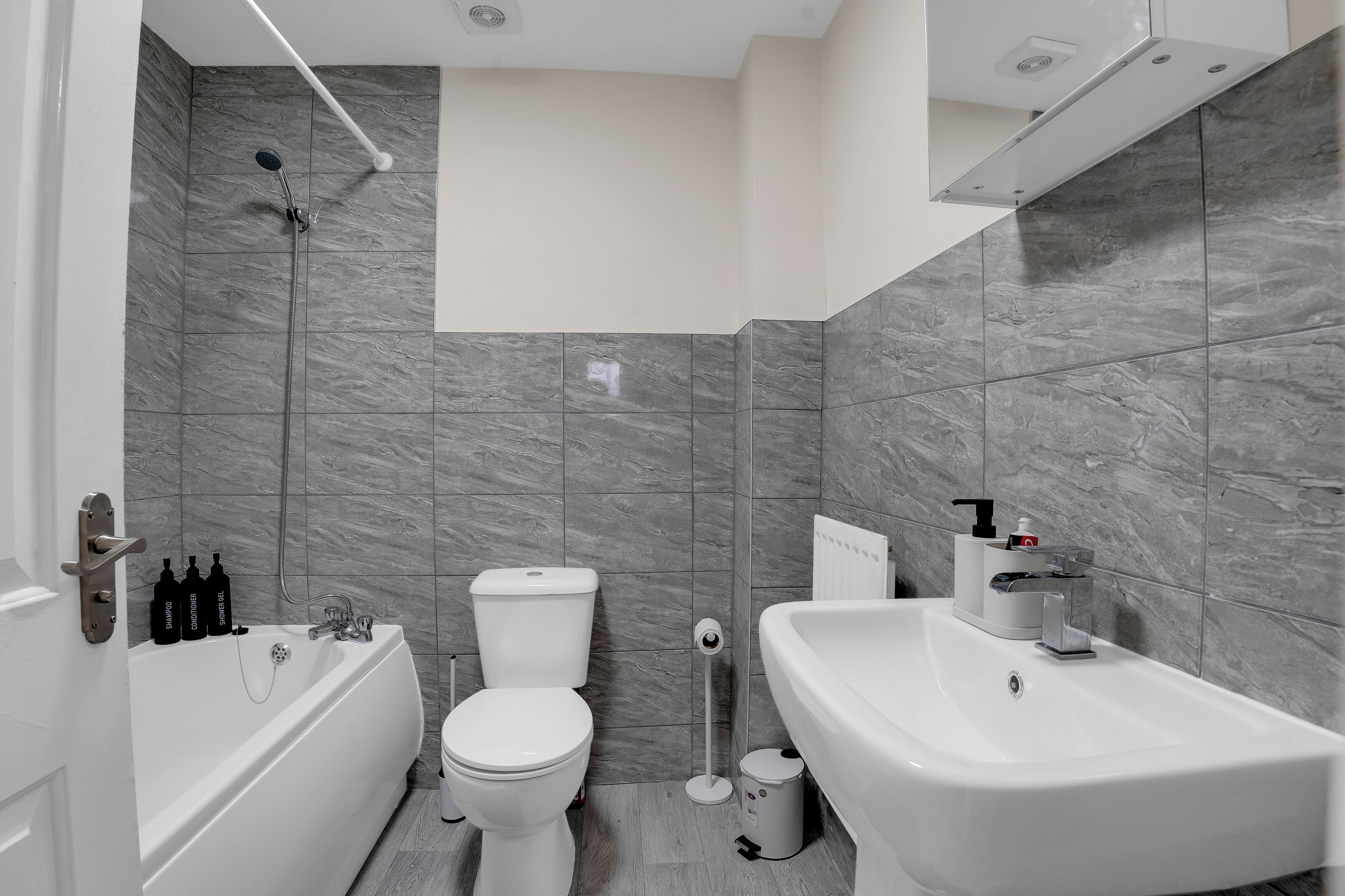 Hair dryer, towels, soap, shampoo