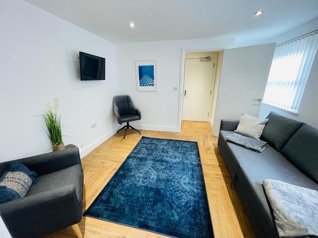 A modern living room with a blue rug, two sofas, a black chair, a flat-screen TV, and a door leading to another room.