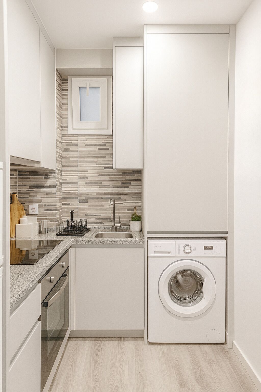 A compact kitchen with a built-in washing machine, a tiled backsplash, and a small window.