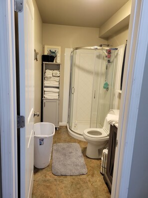 Ducha, toallas, jabón y papel higiénico