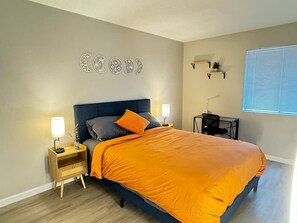 1 bedroom, desk, iron/ironing board, travel cot