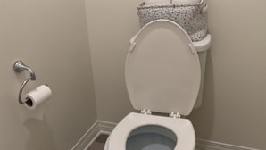 A toilet with a white lid, a toilet paper holder, and a white toilet paper roll. - Charming 2-bedroom townhome in delightful Murrieta with AC (Murrieta)