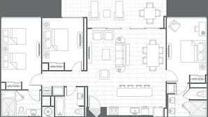 Een plattegrond van een hotelkamer met meerdere slaapkamers, een keuken, een eethoek en een badkamer.