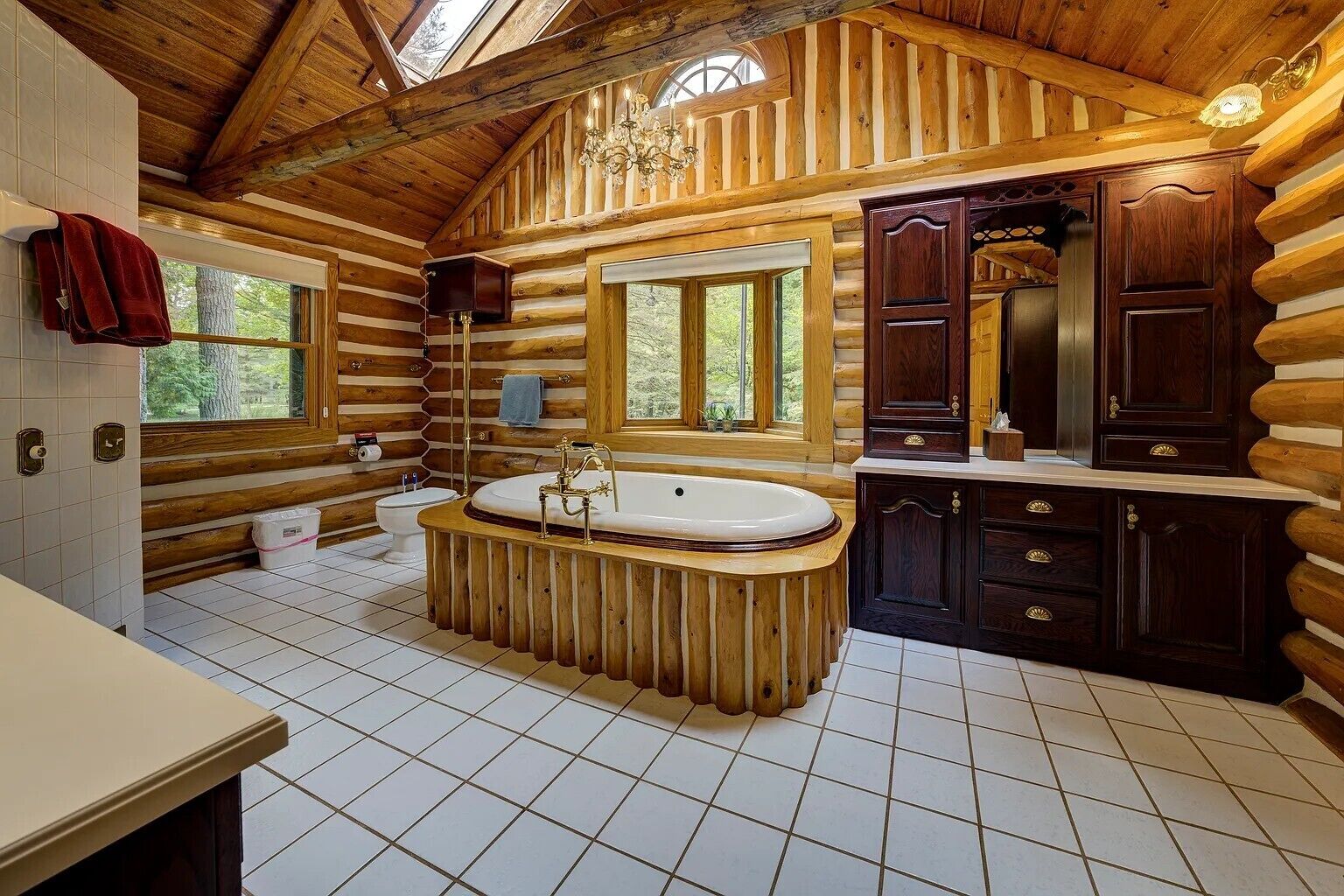 Shower, jetted tub, towels, soap