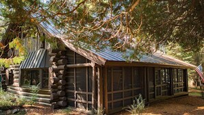 A rustic log cabin with a metal roof, large windows, and a small porch area. - Secluded 10-Acre Riverfront Lodge. Pet-Friendly! Hot Tub! (Traverse City)