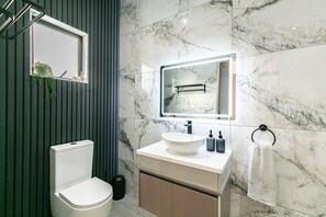 Shower, hair dryer, towels, soap